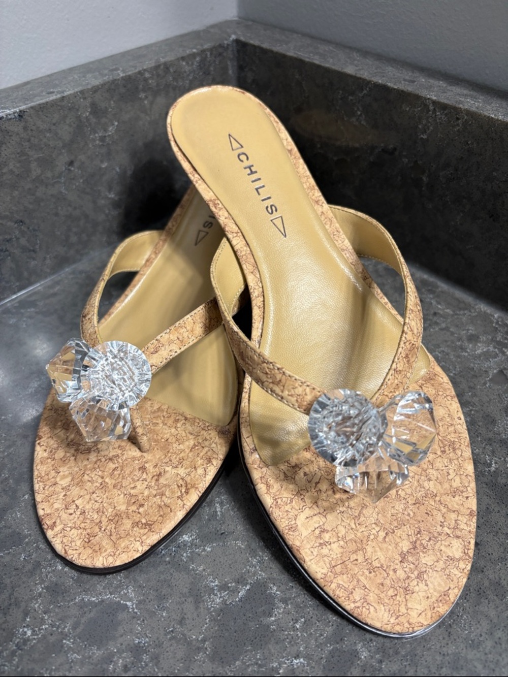 Chilis Tan Cork Thong Sandals with Crystal Accent